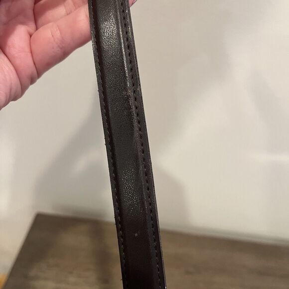 90's Chic Shiny Silver Abstract Hook Buckle Skinny Black Belt Size 16 Adjust - Picture 8 of 11